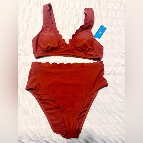 NWOT Cupshe Marsala Scalloped Bralette Mid Rise Hipster Bikini Medium Orange - Picture 3 of 7